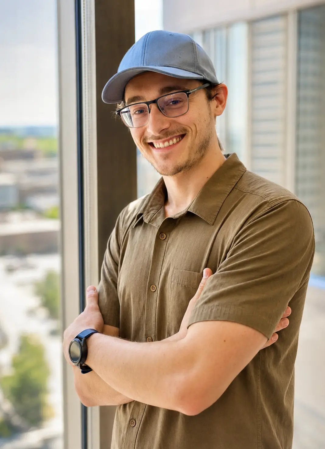 Michael Howell standing by a window overlooking downtown